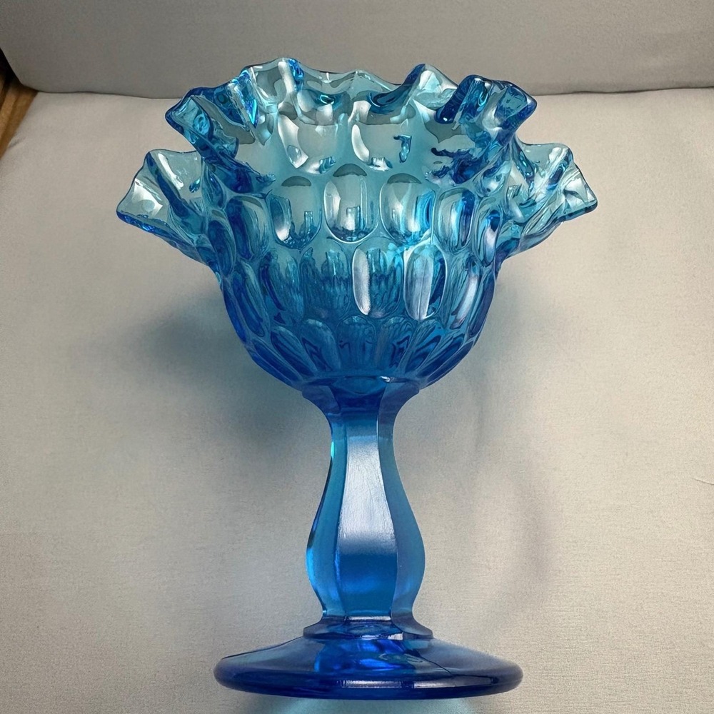 Vintage Fenton Colonial Blue Thumbprint Compote Ruffled Pedestal Bowl - Picture 4 of 8